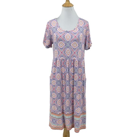 J Jill Dress Womens XS Purple Multi Geo Print Soft Stretch Cuffed Short Sleeves - Picture 1 of 16